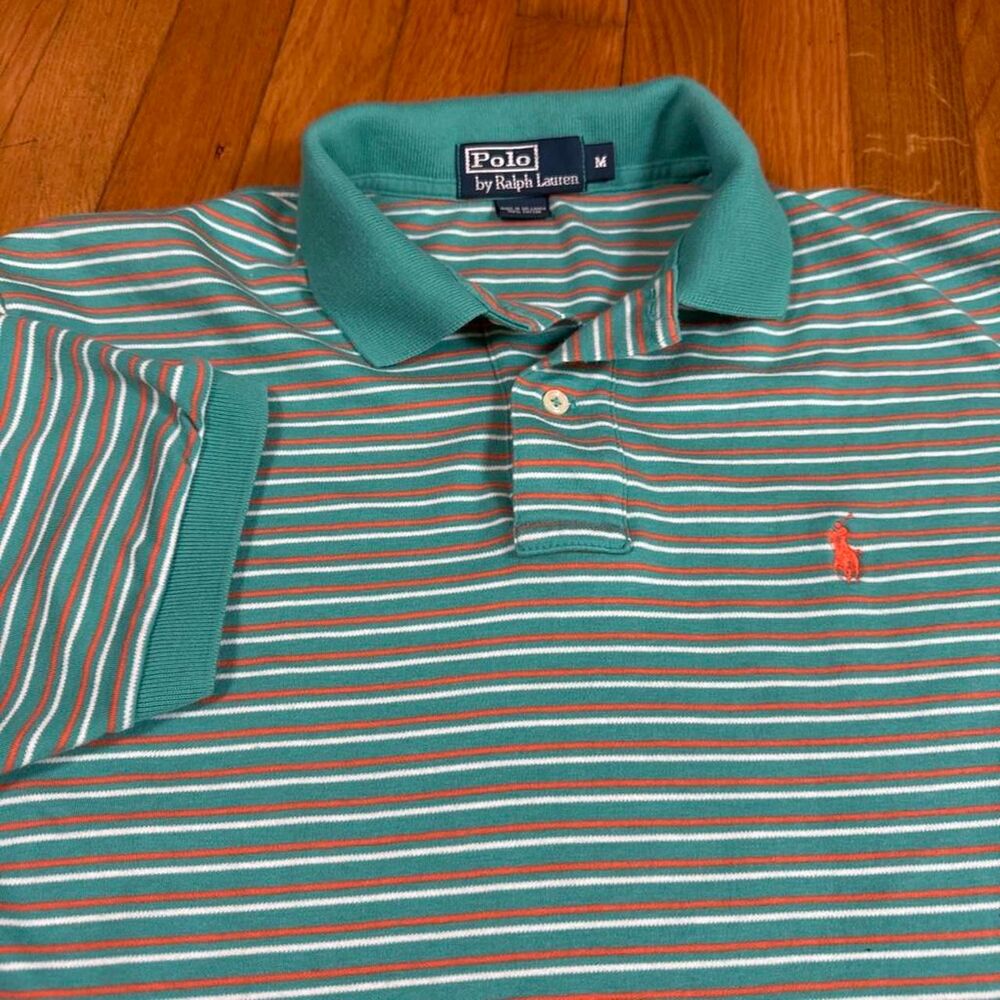 Polo Ralph Lauren Teal Green White Orange Striped Polo Men's M